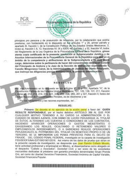 Documento de la fiscalía mexicana (PGR) que solicita la no acción penal contra el abogado Juan Ramón Collado.