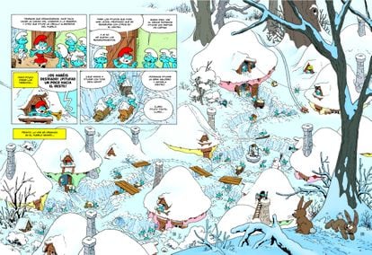 Una doble página de 'La tormenta blanca', la entrega número 40 de la serie de cómics de 'Los Pitufos', de Alain Jost, Thierry Culliford y Alain Maury, editado en España por Norma.