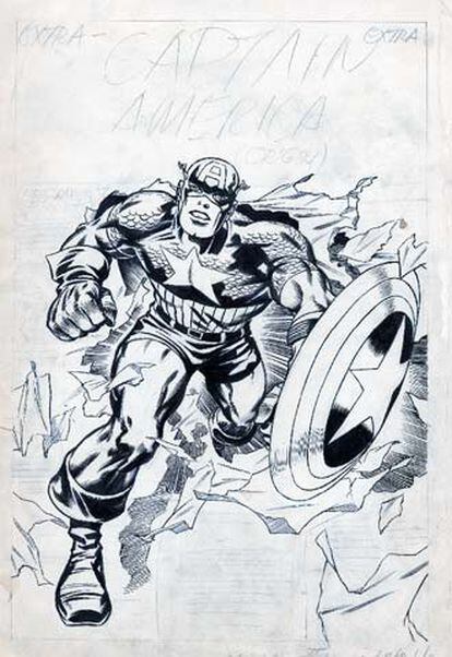 Un dibujo preparatorio para una portada de las aventuras de Capitán América, de Jack Kirby.