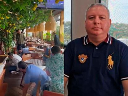 A la izquierda, clientes del restaurante Sonora Grill en Guadalajara se resguardan durante la balacera del 21 de octubre de 2022. A la derecha, Salvador Llamas, el concejal de Morena asesinado durante el tiroteo.