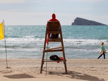 Un socorrista vigila la playa de Levante de Benidorm, el pasado 23 de enero.