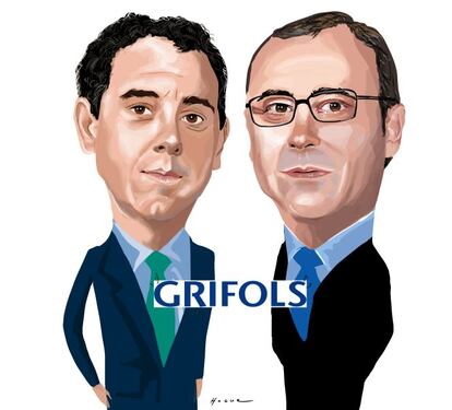 Una caricatura de los futuros consejeros delegados de Grifols, Víctor Grifols Deu y Raimon Grifols Roura.