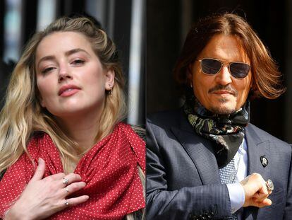 Amber Heard y Johnny Depp, en distintos momentos del juicio del intérprete contra el diario 'The Sun', celebrado en el Tribunal Superior de Londres, el pasado julio.