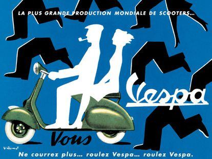 Vespa era sinónimo de modernidad, lo que dio alas a la imaginación de los artistas de la época, como en este cartel de Bernard Villemot, el más reclamado por los publicitas de entonces