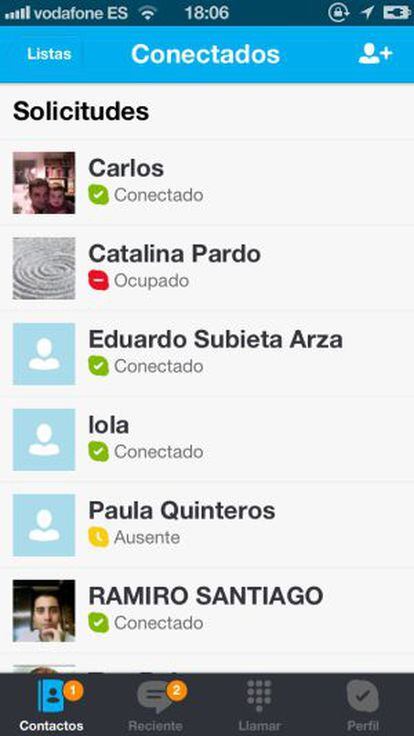 Contactos de Skype en un iPhone.