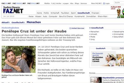 La edición digital del <i>Frankfurter Allgemeine Zeitung</i> informa del enlace de los actores españoles