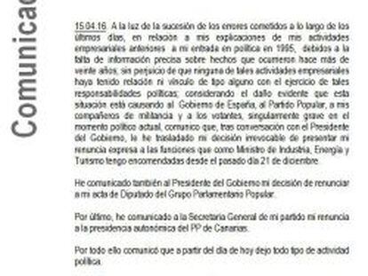 El comunicado de José Manuel Soria informando de su renuncia