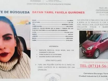 Un cartel de búsqueda de Dayan Yamil Favela Quiñones, desaparecida el 13 de enero en Gómez Palacio (Durango).