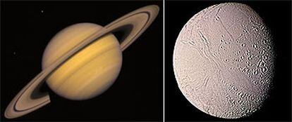 Saturno (izquierda) fue fotografiado por la <i>Voyager 2</i> en 1981; a la derecha, la superficie de Encélado, una de las lunas del mismo planeta de los anillos.