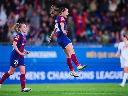 Aitana Bonmatí celebra el primer gol del Barcelona frente al Brann.