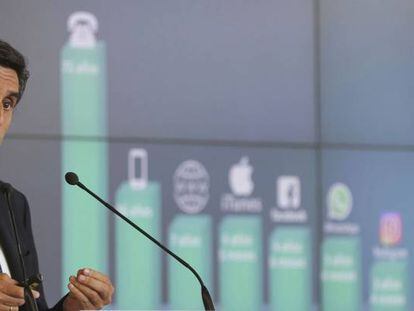 El presidente de Telefónica, José María Álvarez-Pallete, durante la conferencia en el Fórum Deusto sobre la transformación digital el pasado martes.