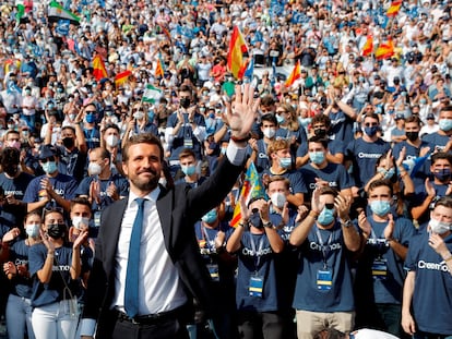 El presidente del PP, Pablo Casado, en la convención nacional del partido, el pasado 3 de octubre, en Valencia.