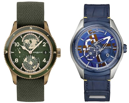 El Montblanc 1858 Geosphere (izquierda) tiene hora mundial y esfera y bisel de cerámica verde. A la derecha, el Ulysse Nardin Freak X combina la pureza de una caja en titanio mate con su intrincada arquitectura interna a la vista. Un reloj con corazón abierto nunca fue tan estético.