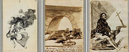 De izquierda a derecha, <i>Bajar riñendo</i>, <i>El aguacil Lampiños cosido dentro de un caballo muerto</i> y <i>Arrepentimiento</i>, dibujos de Goya  de los que no se sabía nada  desde 1877.