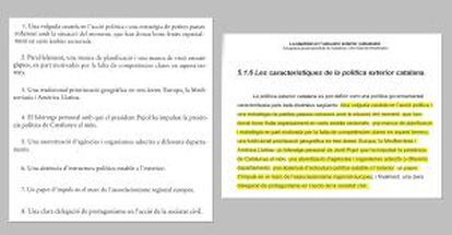 Repreoducción de uno de los párrafos del libro de Jaume Urgell (izquierda) copiados en la tesis de Marc Guerrero (derecha).