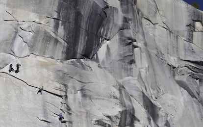 Kevin Jorgeson (de verde) y Tommy Caldwell (azul) ascienden hasta la cima de 'El Capitán' este miércoles.