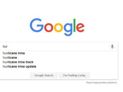Antes de escribir "huracán" en la versión en inglés de Google, el buscador ya sabe que se trata de Irma.