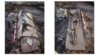 La sepultura del chico, antes y después de su excavación.