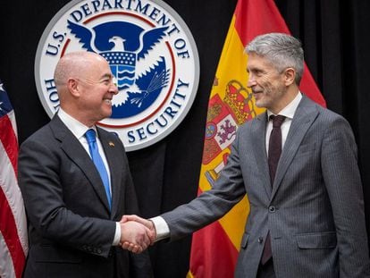 El secretario del Departamento de Seguridad Nacional, Alejandro Mayorkas, y el ministro del Interior, Fernando Grande-Marlaska, en su encuentro del pasado miércoles en Washington.