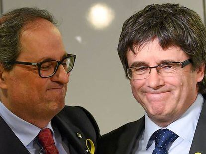 Quim Torra y Carles Puigdemont en la conferencia de prensa que dieron en Berlín.