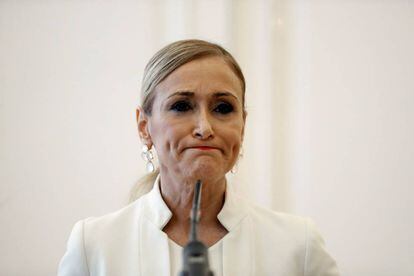 Cristina Cifuentes durante la comparecencia de este miércoles en la que ha presentado su dimisión como presidenta regional.