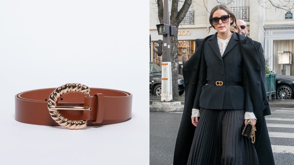 En Lefties puede encontrarse este cinturón marrón con hebilla dorada para crear conjuntos como el de Olivia Palermo visto en París. LEFTIES/GETTY IMAGES.