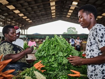 Un joven de la ciudad de Blantyre compra en el puesto de Ntanyula Loveness, una vendedora de verduras que tiene su negocio en el mercado desde 1993. Ella compra más caro que antes, pero no puede subir mucho sus precios porque si no pierde clientes, lo que la ha empobrecido aún más, explica.