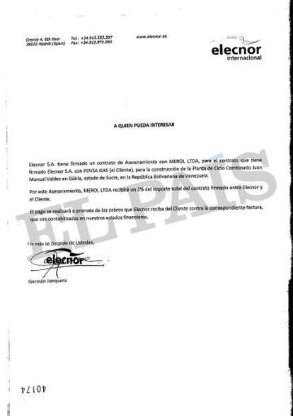 Documento firmado por el exejecutivo de Elecnor Germán Junquera que confirma el vínculo de la energética vasca con Merol, una sociedad de Nervis Villalobos, según la justicia andorrana.