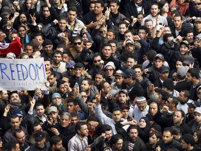 Protestas contra el gobierno de Zine El Abidine Ben Al&iacute; en T&uacute;nez, 2011.
 