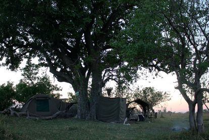 Dormir en medio de la naturaleza salvaje, en una tienda de campaña, es la verdadera experiencia en Botsuana. Por la noche las hienas visitan el campamento, los hipopótamos pasean entre las tiendas y de fondo, no muy lejos, suena el rugir de los leones