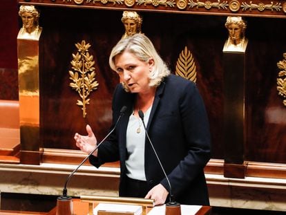 Marine Le Pen, líder del partido ultraderechista francés Reagrupamiento Nacional, el pasado 24 de octubre durante el debate de las mociones de censura.