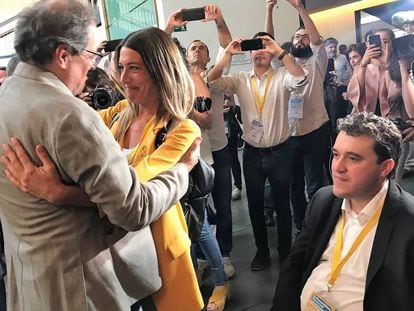 El presidente catalán, Quim Torra, con los candidatos a dirigir el PDeCAT, David Bonvehí y Míriam Nogueras.