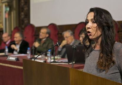 La actriz Txe Arana en el acto de presentación del manifiesto en defensa del catalán.