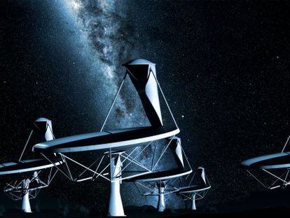 Ilustraci&oacute;n del conjunto de antenas del radiotelescopio SKA sobre el fondo celeste con la V&iacute;a L&aacute;ctea.