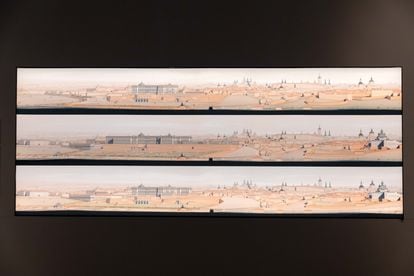 The monumental ensemble of the Poniente cornice, in the graphic reconstruction carried out by Ángel Martínez Díaz and his team for the exhibition.