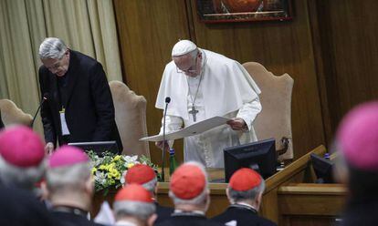 El Papa, este viernes en la segunda jornada de la cumbre contra la pederastia en el Vaticano.