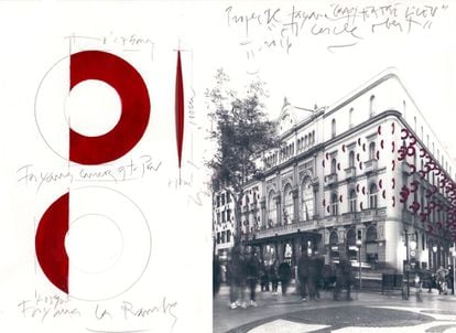 Apuntes de Amat sobre el tamaño de los aros y fotomontaje de cómo quedarían sobre la fachada del Liceo.