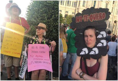 A la izquierda, en la primera, un mensaje a Almeida preguntando si pagará él de su bolsillo la multa de la Unión Europea si Madrid vuelve a incumplir los niveles de contaminación.