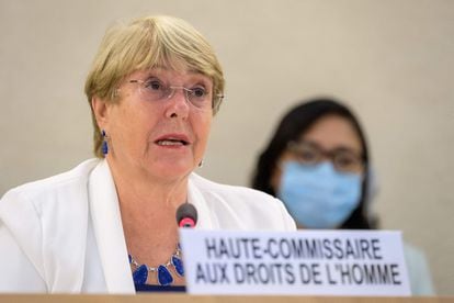 La alta comisionada de las Naciones Unidas para los derechos humanos, Michelle Bachelet, en su intervención durante una sesión especial de urgencia del Consejo de Derechos Humanos de la ONU, este martes en Ginebra.