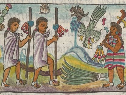 Comerciantes mexicas disfrazados compran plumas de quetzal en Tzinacantlán.