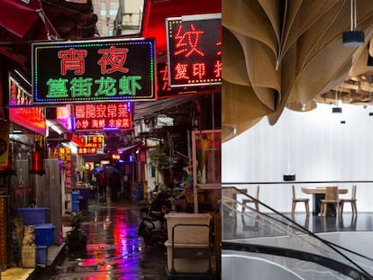 A la izquierda, calle del barrio de Huangpu, en Shanghai. A la derecha, diseño de restaurante, obra del estudio Link-Arc + Kane A|UD, finalista en la categoría Bars & Restaurants del World Festival of Interiors. |