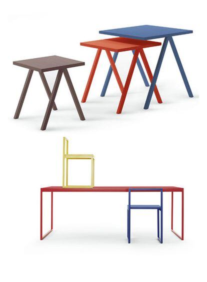 Mesa y sillas de la colección Fronzoni Color realizadas este año por Giulio Cappellini y mesas nido Hip, de Leonardo Talarico.