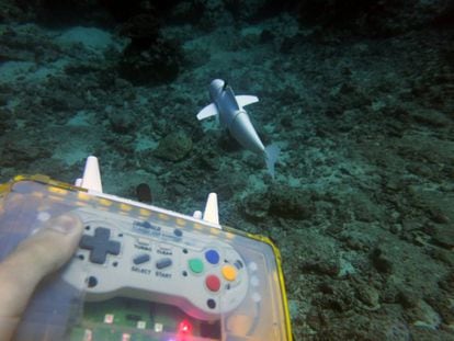 Un buzo comanda a distancia el pez robot 'SoFi', en una imagen cedida por el MIT.