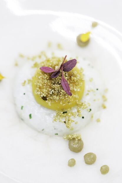 El objetivo es sorprender con una explosión de sabores equilibrados, y lo logra con platos excepcionales, como el tartar de calamar con yema de huevo líquida, consomé de cebolla, kaffir y una generosa capa rallada a pie de mesa de trufa blanca de Alba; la sopa de carabinero en texturas, tomate, apio y manzana verde, o la ensalada de carpaccio de gamba roja con crema de colinabo, mollejas crujientes de cordero y setas oreja de Judas.