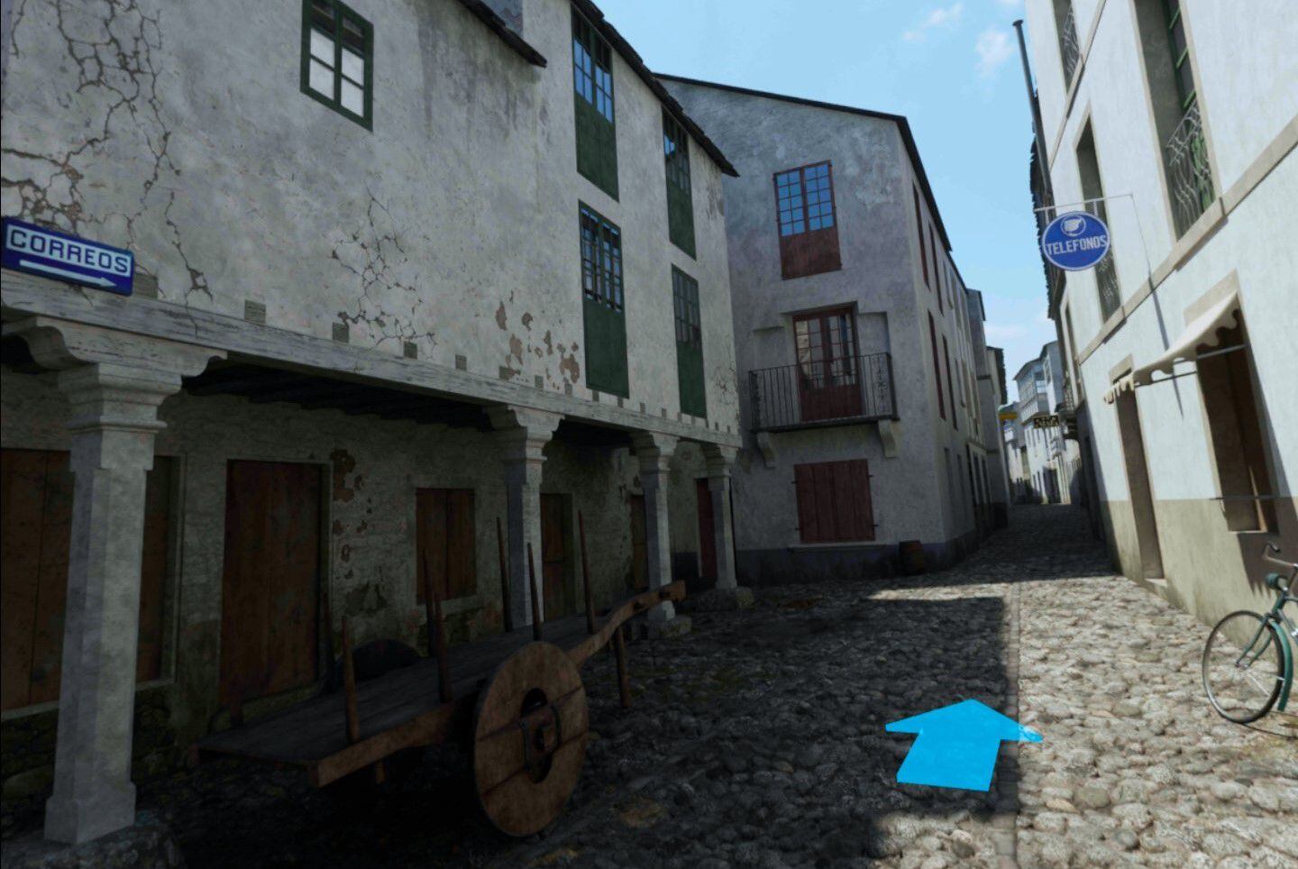 Captura de la recreación virtual del viejo pueblo de Portomarín que fue anegado para construir un pantano en 1963.