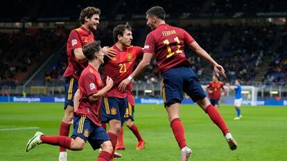 Ferran Torres celebra su gol durante la semifinal de la Liga de las Naciones contra Italia, el pasado 6 de octubre de 2021.