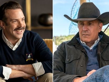 Desde la izquierda: el actor Daniel Jason Sudeikis en la serie 'Ted Lasso' y Kevin Costner en la serie 'Yellowstone'.