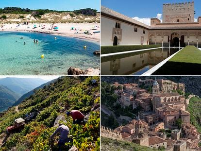 Cuatro rincones turísticos españoles: Una playa en las islas Baleares, la Alhambara de Granada, la Ribeira Sacra y Albarracín.