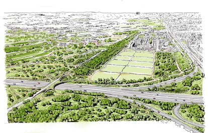 Boceto del proyecto de Carlos Rubio Carvajal, que tiene la finalidad de ampliar el anillo ciclista existente al área metropolitana, conectando el río Manzanares con el Guadarrama. RUBIO ARQUITECTOS