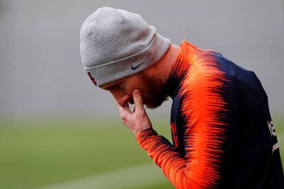 Messi, durante el entrenamiento del Barcelona.